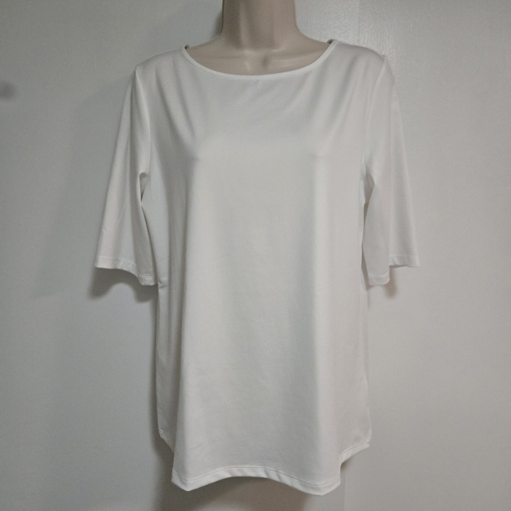Susan Graver Sz S White Modern Essential Liquid Knit Top Round Neck Short Sleeve